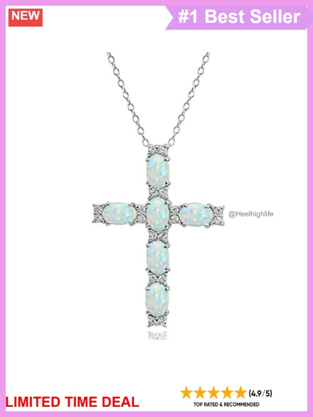 Sterling Silver Cross Necklace with Created Opal & White Topaz, 18 Inch Rolo